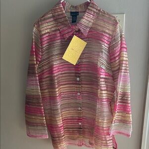 Citiknits Striped Button-Down Top in Pink Multi, Size Large